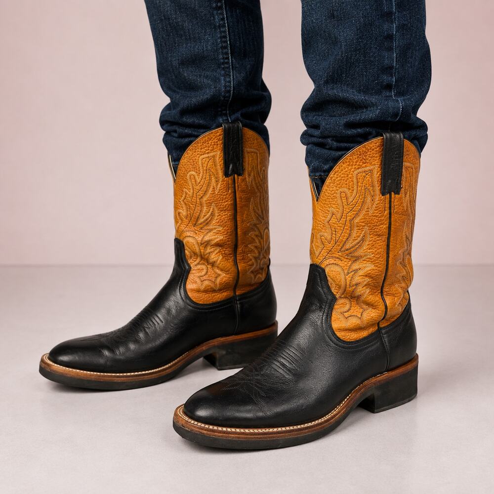 Boulet Men's 8 Black Tan Leather Cowboy Western Boots Crepe Sole Canada